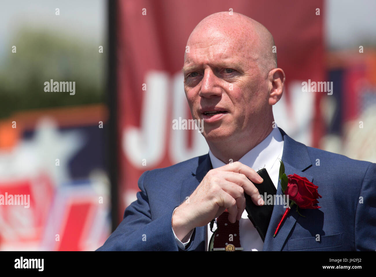 Matt Wrack, General Secretary of the Fire Brigades Union, at the Durham Miners' Gala at Durham City, England. The 133rd Gala attracted 200,000 people  Stock Photo