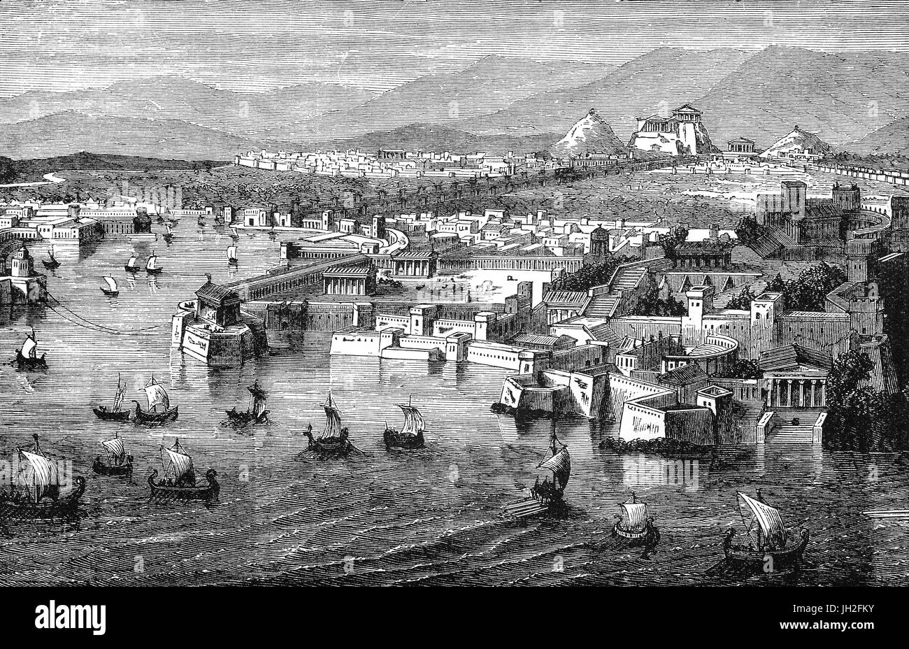 An aerial view of Athens frrom Piraeus during the 5th Century BC. It consisted of three separate harbours, Kantharos, Zea, and Munichia Stock Photo