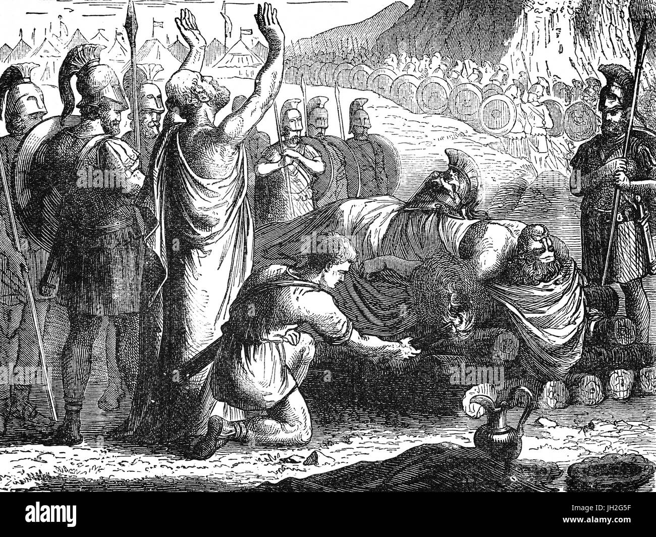 Funeral rites following the  Battle of Coronea (also known as the First Battle of Coronea) took place between the Athenian-led Delian League and the Boeotian League in 447 BC during the First  Peloponnesian War. Stock Photo