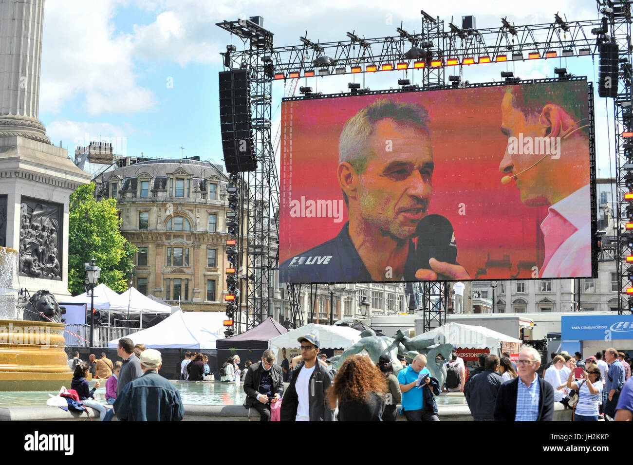 London, UK.  12 July 2017.  A giant screen shows activities on stage.  Formula One racing comes to Trafalgar Square and Whitehall for a promotional event called F1LiveLondon ahead of the British Grand Prix at Silverstone.   Credit: Stephen Chung / Alamy Live News Stock Photo