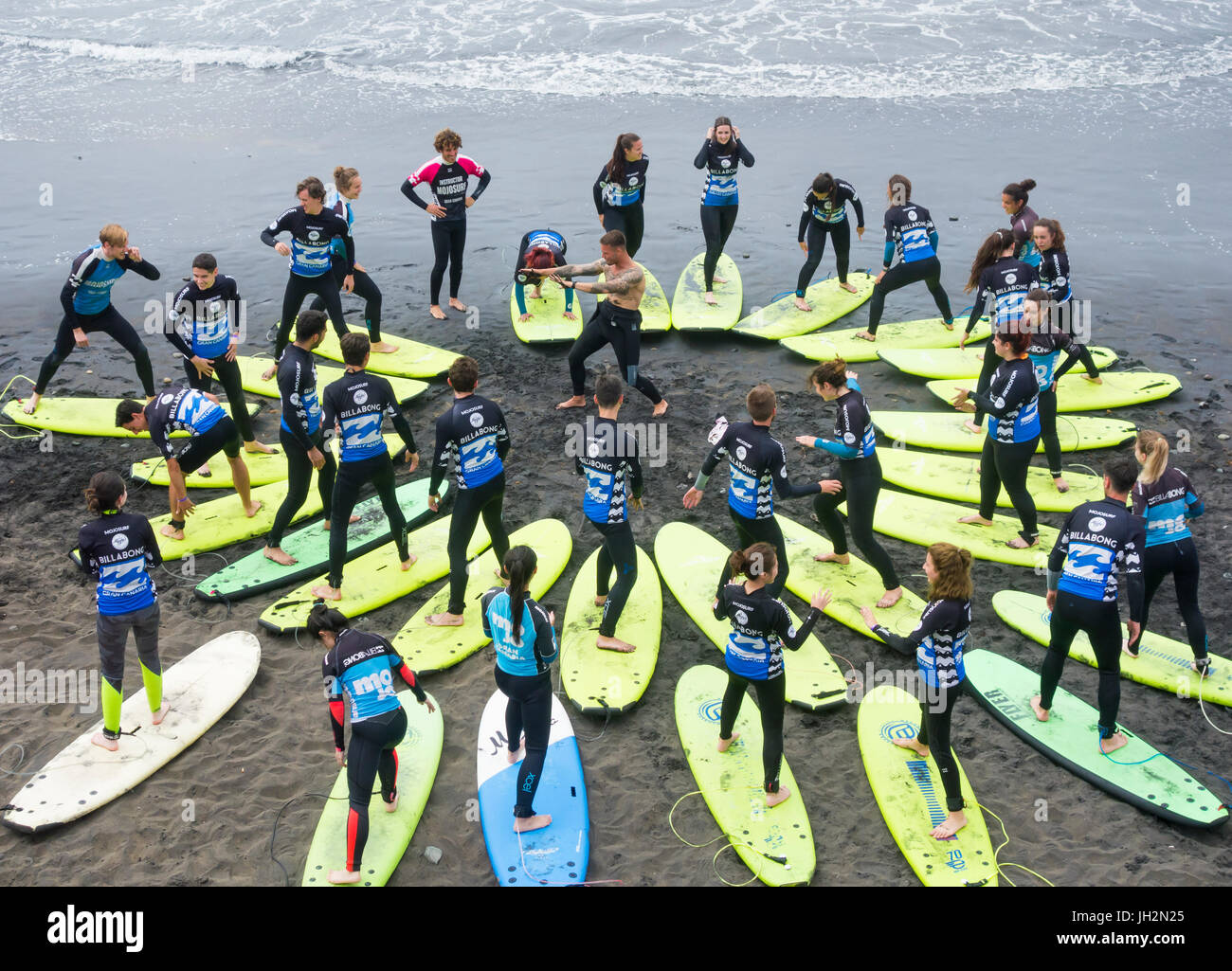 Surf school on La Cicer beach, Playa de Las Canteras, Las Palmas, Gran Canaria, Canary Islands, Spain. Stock Photo