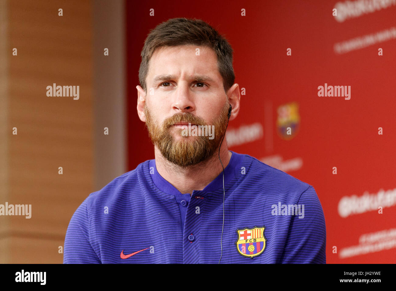 FC Barcelona player Lionel Messi attends a press event at Rakuten Crimson House headquarters in Setagaya on July 13, 2017, Tokyo, Japan. The Barcelona stars visited the Tokyo headquarters of Rakuten, FC Barcelona's new Main Global Partner. The Japanese e-commerce firm Rakuten is the new sponsor of the Spanish soccer club, replacing Qatar Airways, for the next four seasons. Credit: Rodrigo Reyes Marin/AFLO/Alamy Live News Stock Photo