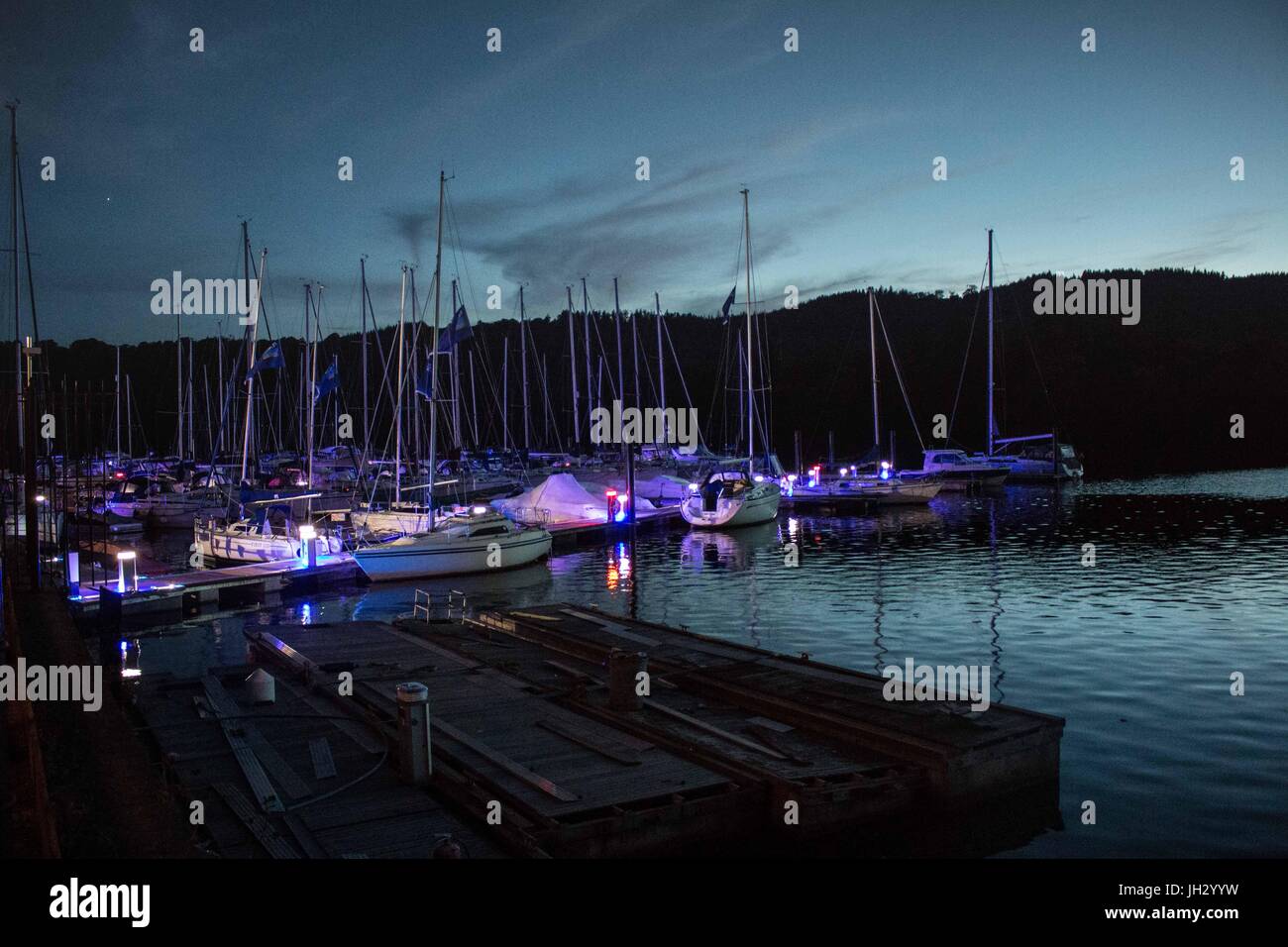 Bowness on WIndermere, Cumbria, United Kingdom. 12th July, 2017. A look at Bowness Marina on Lake windermere with it revamped lightning and new pontoons. The marina is in the hert of the English Lake district and remains a popular tourist detination with both UK and Foreign Visitors to the United Kingdom Credit: David Billinge/Alamy Live News Stock Photo