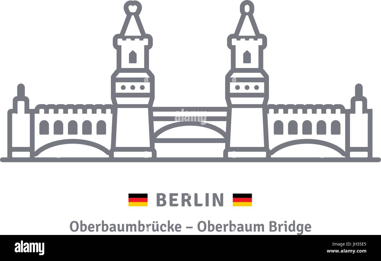 Berlin line icon. Oberbaum bridge and german flag vector illustration. Stock Vector