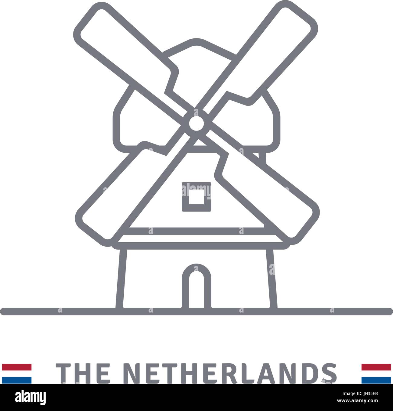 The Netherlands line icon Dutch windmill and flag vector illustration. Stock Vector