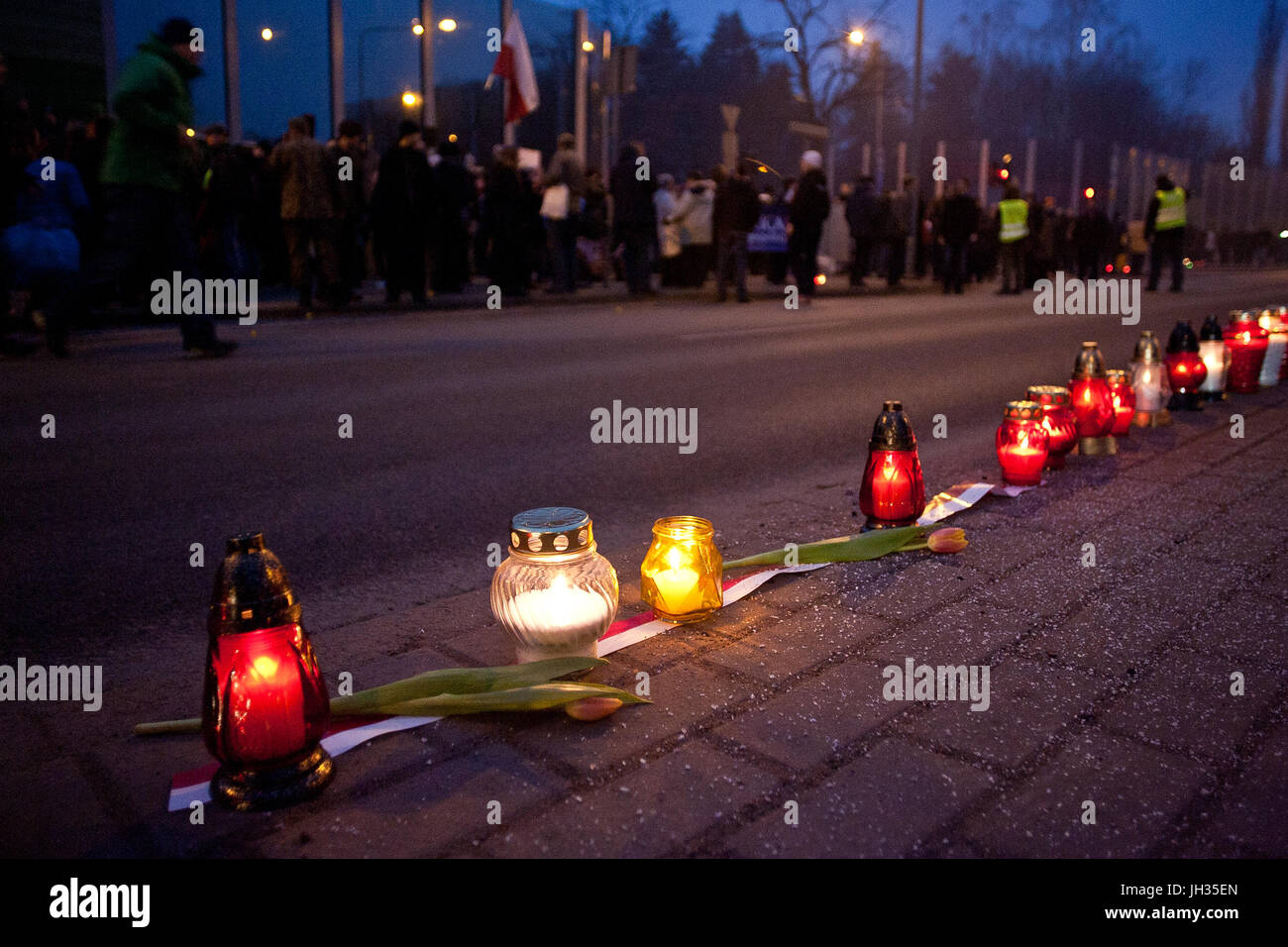 Road traffic accident night candles flowers Stock Photo Alamy