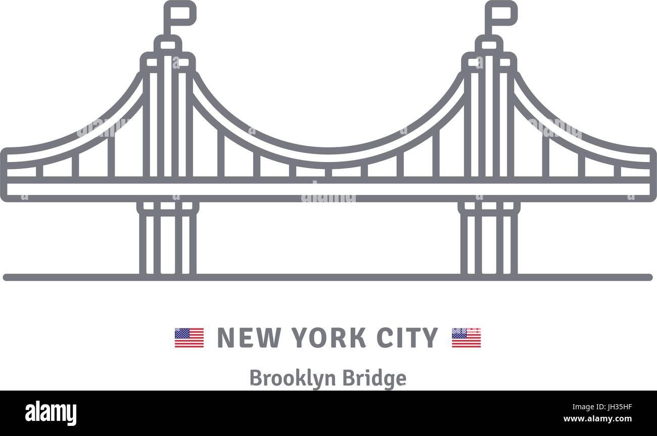 New York City line icon. Brooklyn Bridge and US flag vector illustration. Stock Vector