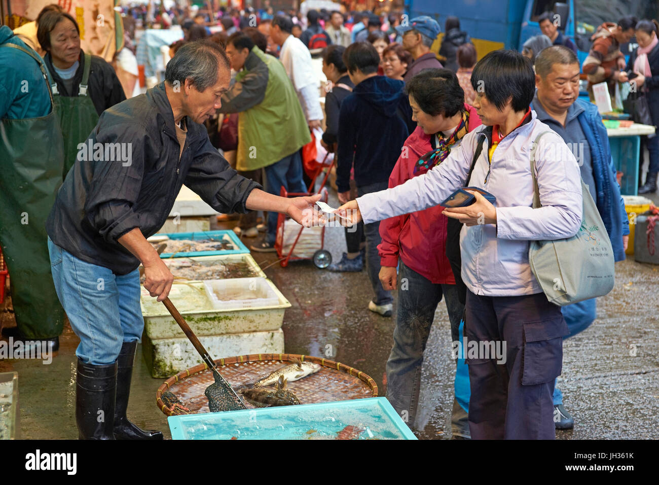 Live fish being bought and sold at the open air fish market in Kowloon, Hong Kong, China. Stock Photo