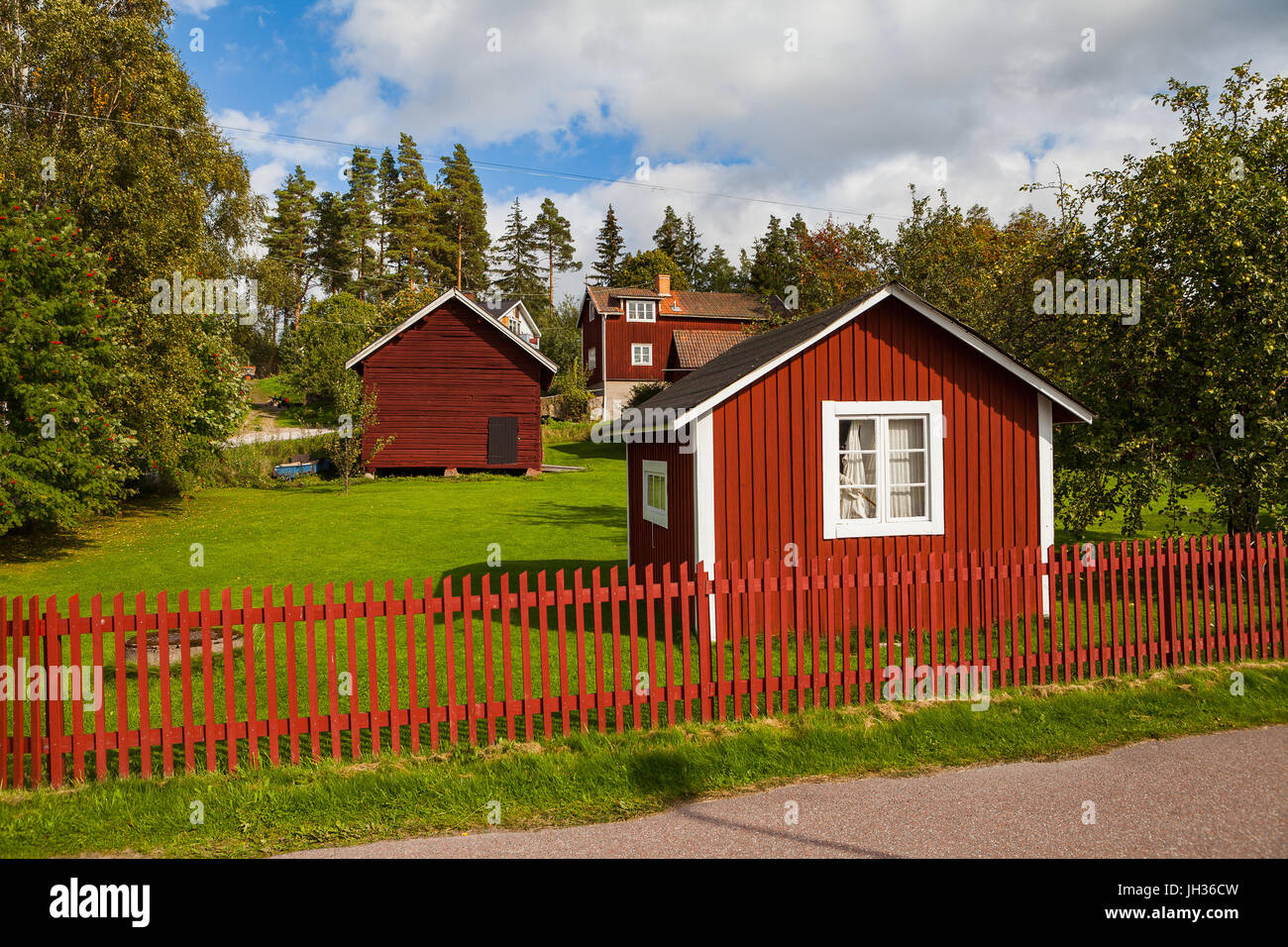 Typical scandinavian wooden houses in village. Dalarna county, Sweden