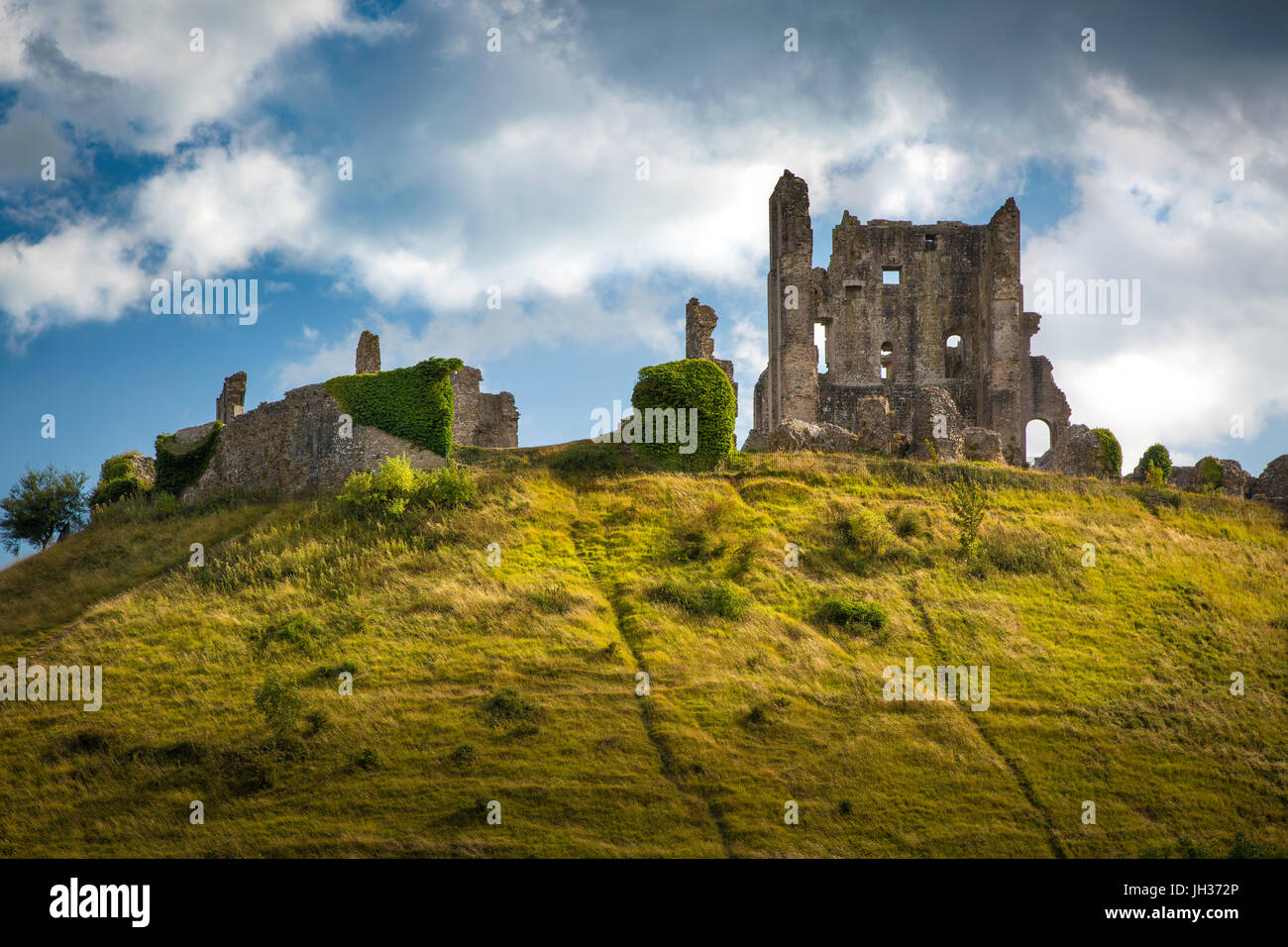 Ruins of Corfe Castle near Wareham, Isle of Purbeck, Dorset, England Stock Photo