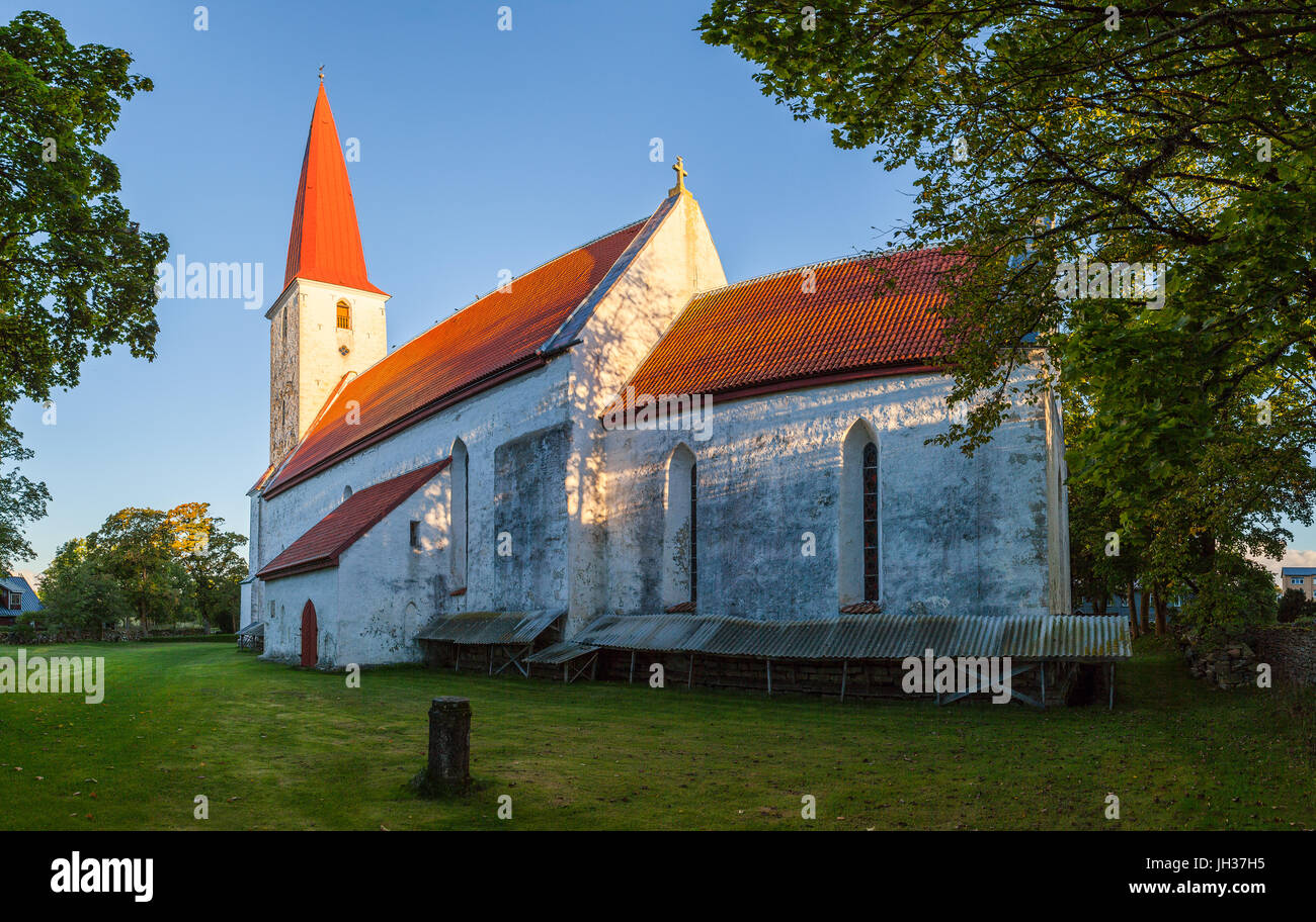 Ancient Lutheran church in Kihelkonna, Saaremaa, Estonia. Early autumn sunny day. Stock Photo