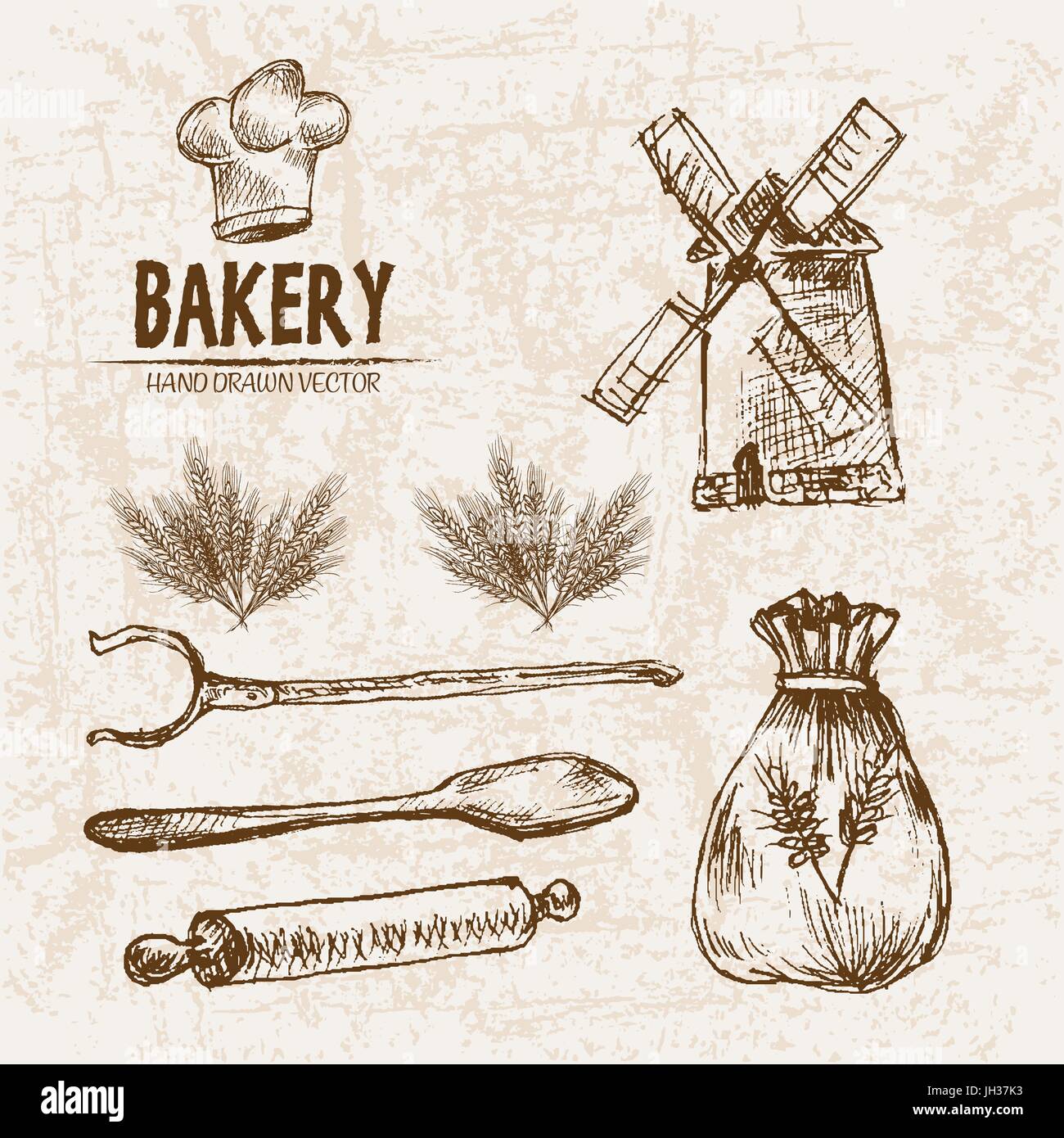 Digital vector detailed line art bakery bread and dried wheat hand ...