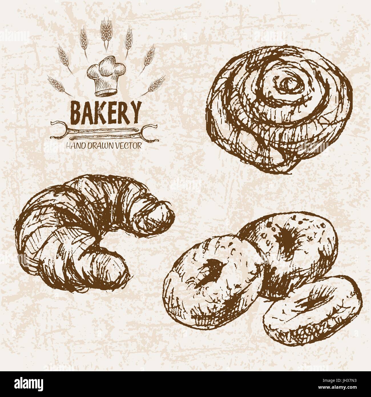 Digital vector detailed line art bakery bread and dried wheat hand ...