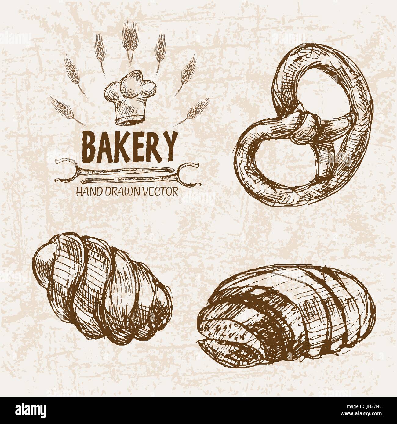 Digital vector detailed line art bakery bread and dried wheat hand ...