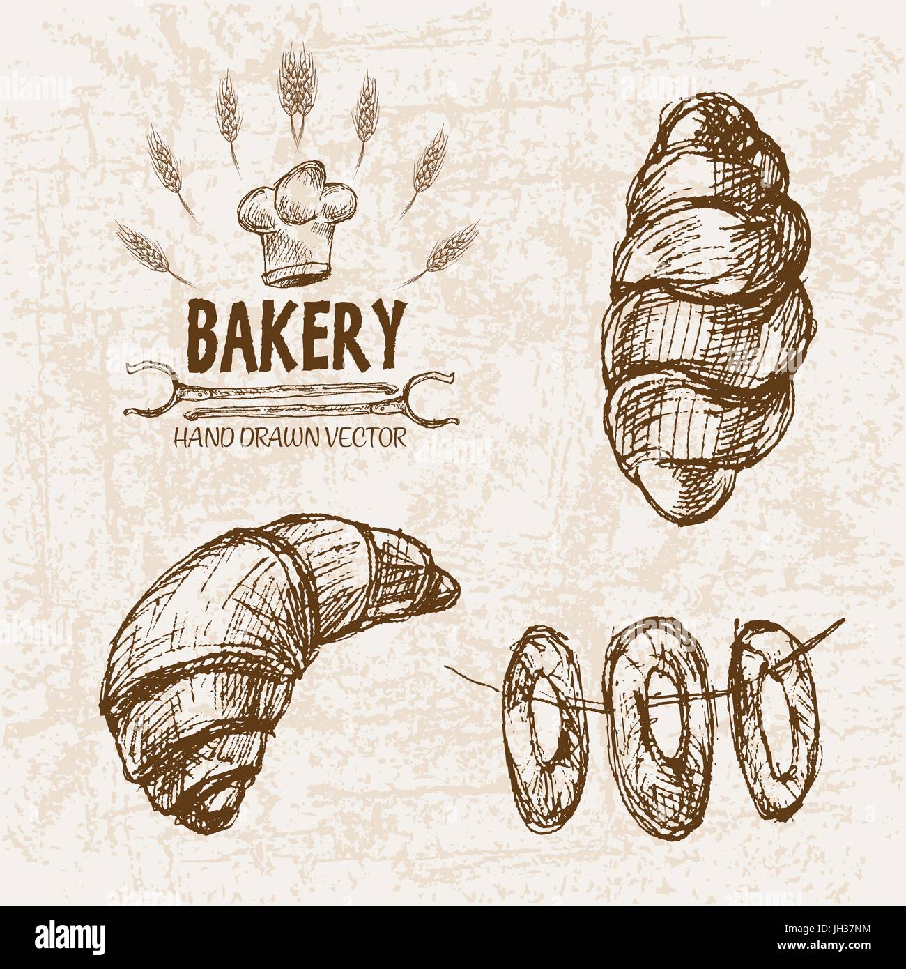 Digital vector detailed line art bakery bread and dried wheat hand ...
