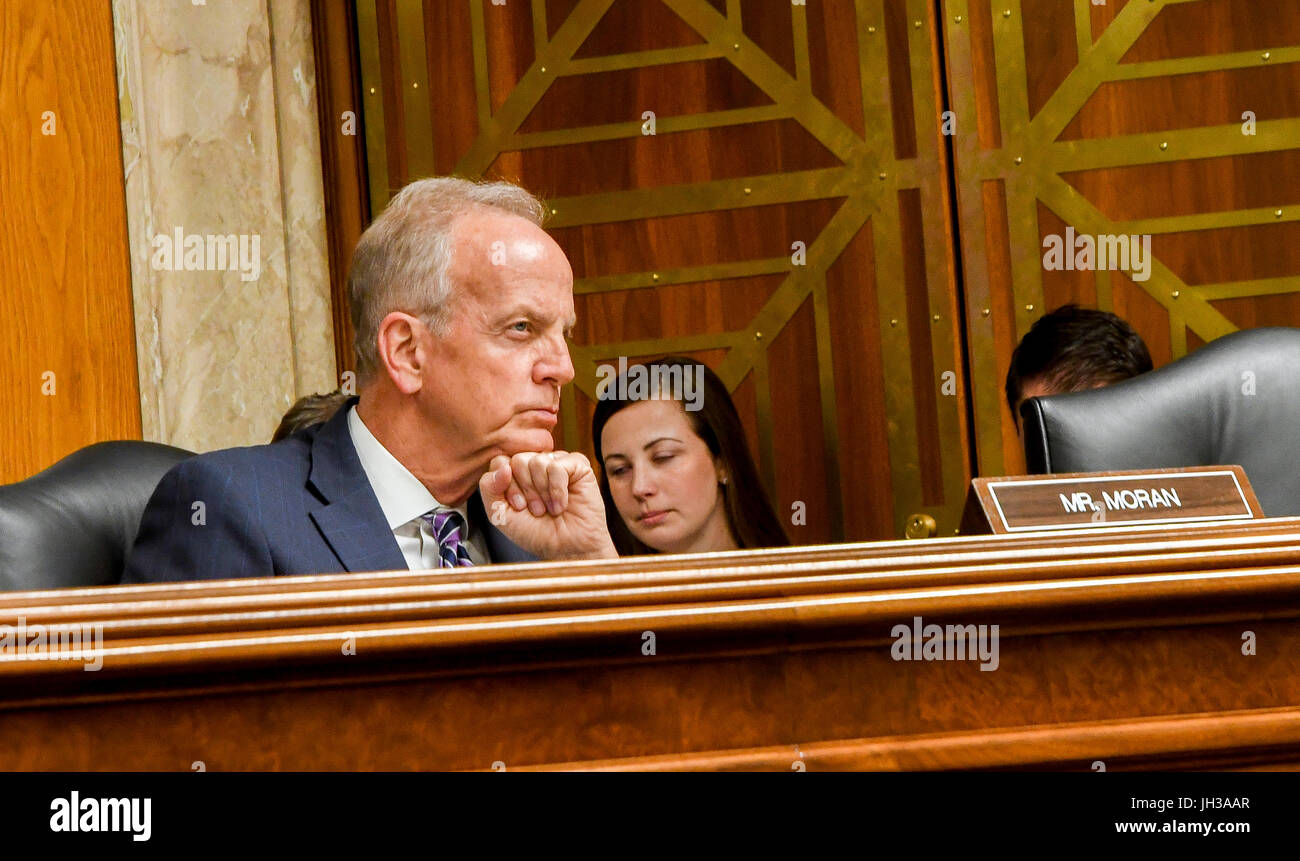 Senator Jerry Moran Republican of Kansas listens to Secretary of