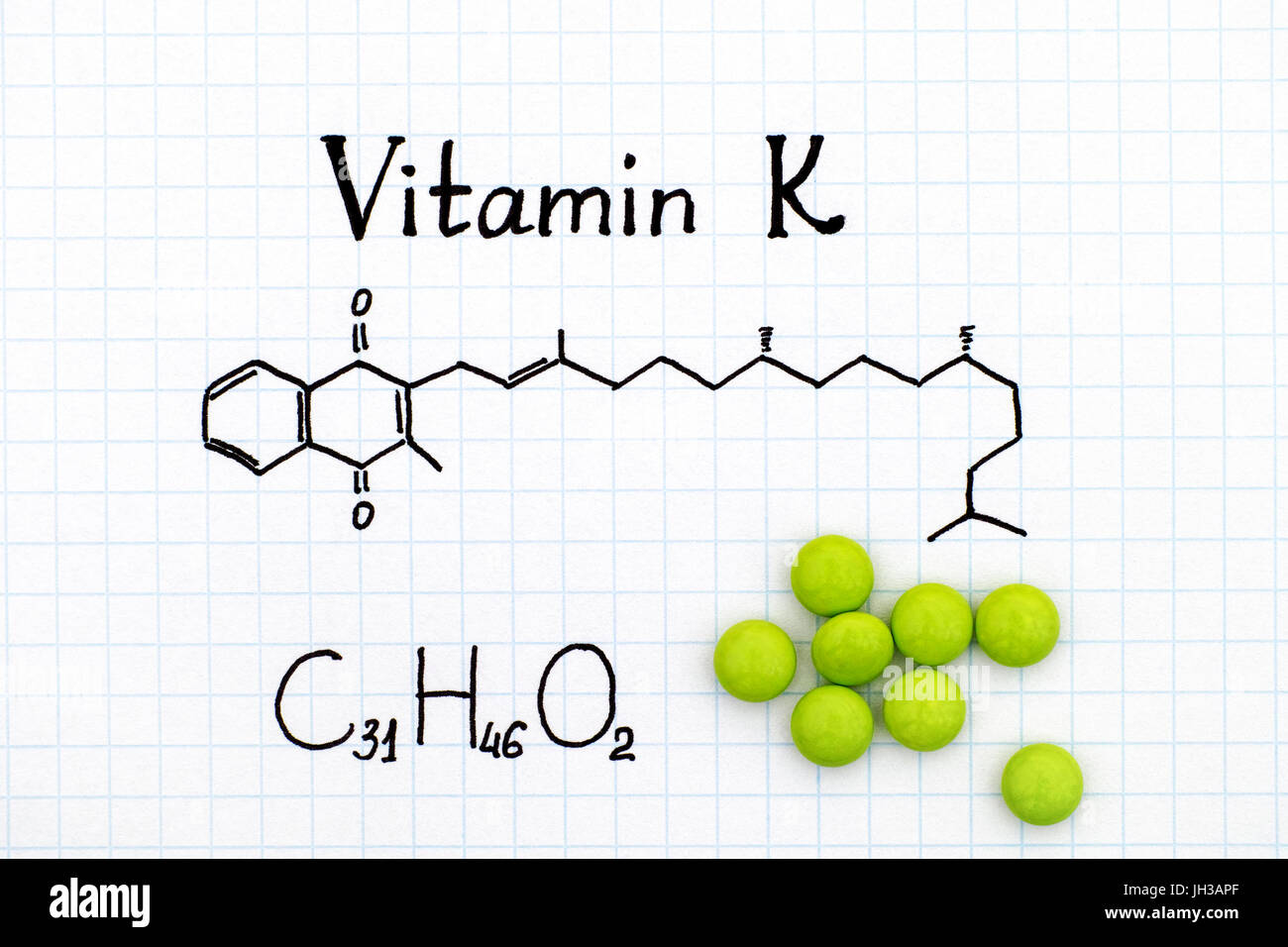 Chemical formula of Vitamin K and green pills Stock Photo - Alamy