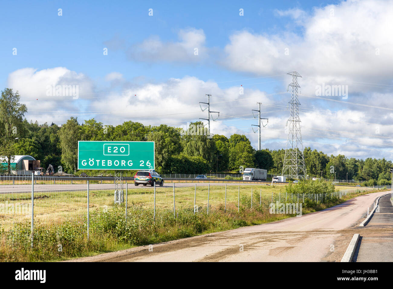 Gothenburg 26 kilometer E20 motorway freeway highway sign post  Model Release: No.  Property Release: No. Stock Photo