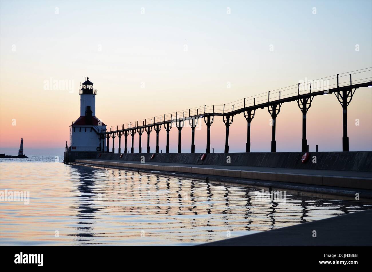 Images of the historic, iconic Michigan City lighthouse at Washington Beach in Michigan City, Indiana. Stock Photo