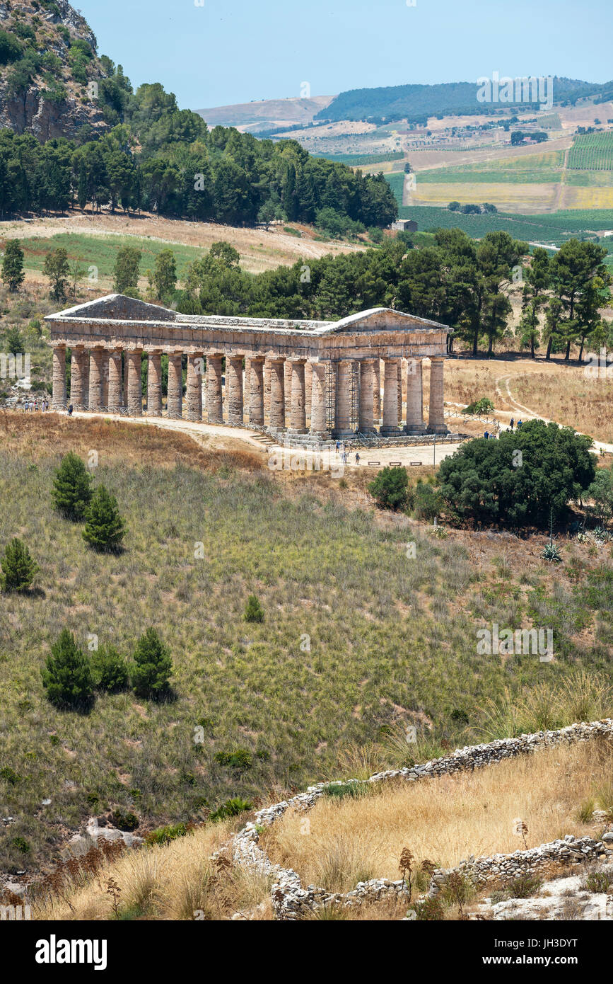 The 5th century BC Doric temple at Segesta, and the landscape of western Sicily, Italy. Stock Photo