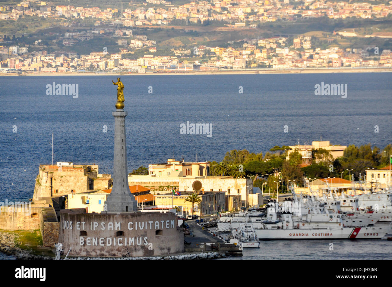 The Strait of Messina with Calabria in the background and the port of Messina in the foreground, Sicily, Italy. Stock Photo