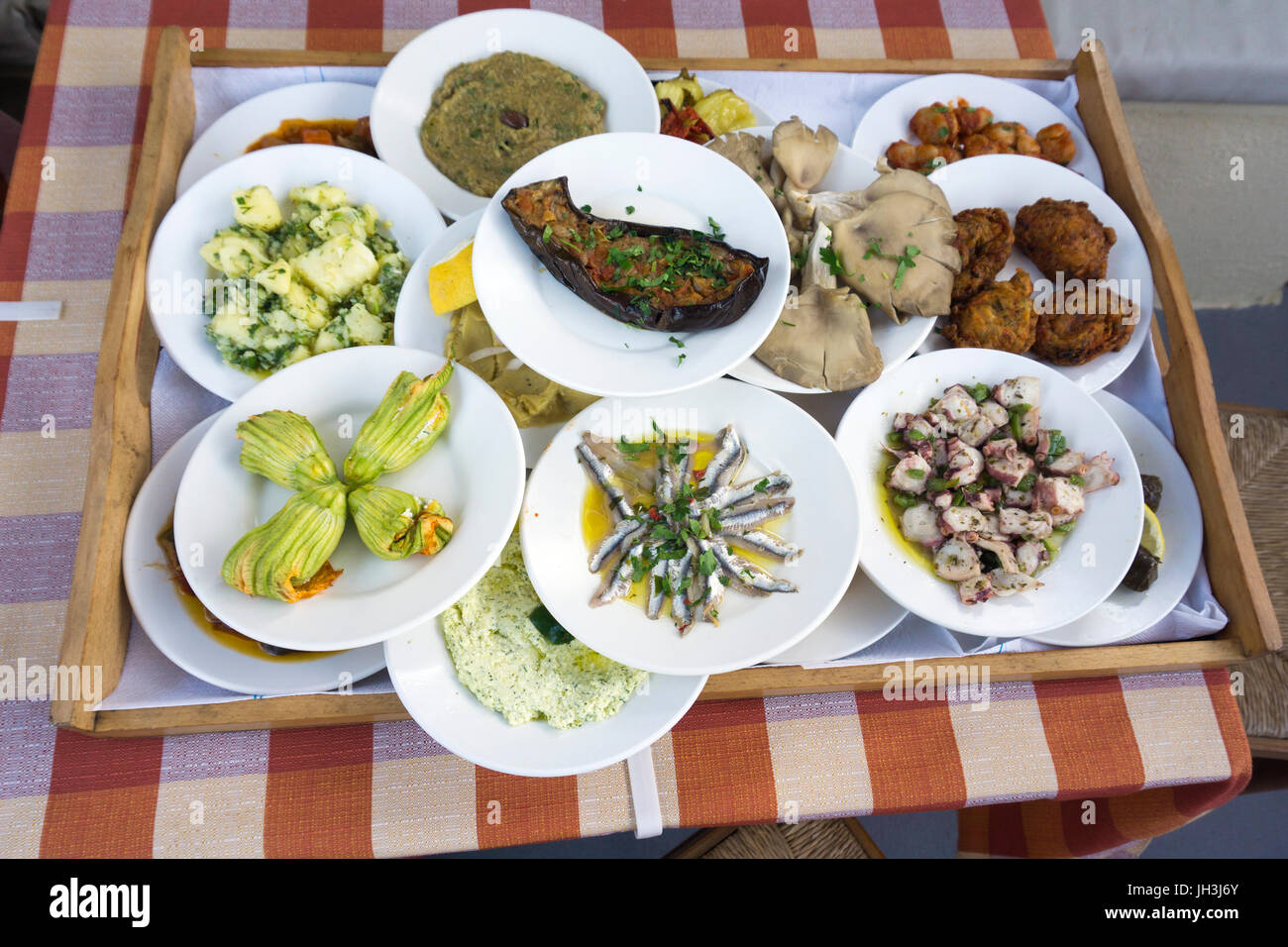 Mezes, greek appetizer, Santorini, Cyclades, Greece, Mediterranean Sea, Europe Stock Photo