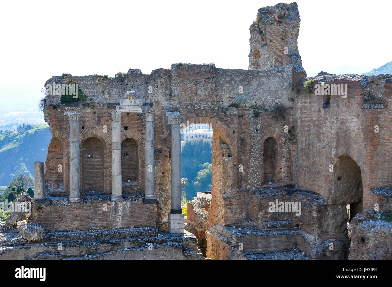 The Greco-Roman ruins of the Ancient Theatre of Taormina, Taormina, Sicily, Italy. Stock Photo