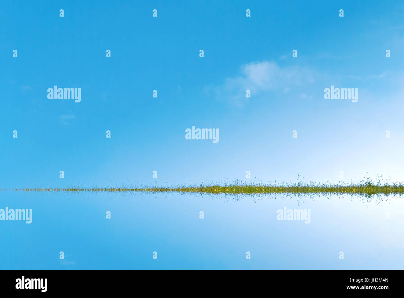 Background image of a blue sky reflected in water (artificial), divided by grassy green strip of land, sprinkled with yellow buttercups. Stock Photo