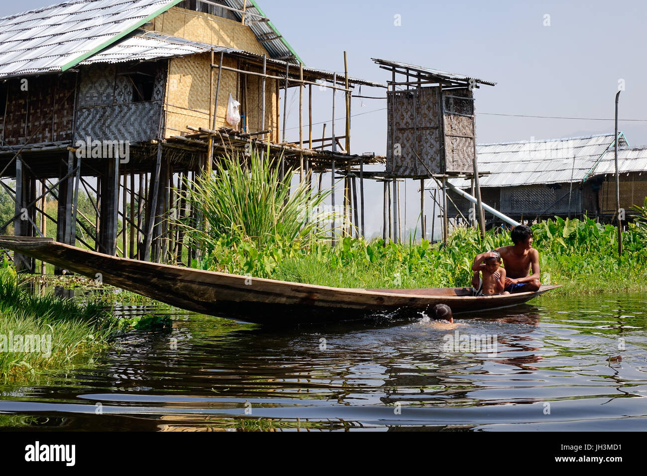 Inle, Myanmar - Feb 14, 2016. Intha people living at wooden house on ...