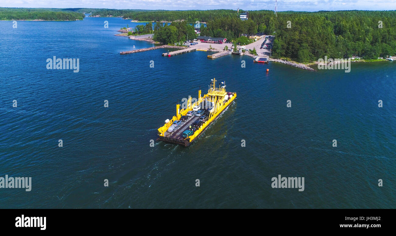 Aerial view over a cable ferry floating between korppo and Nagu parnas ...