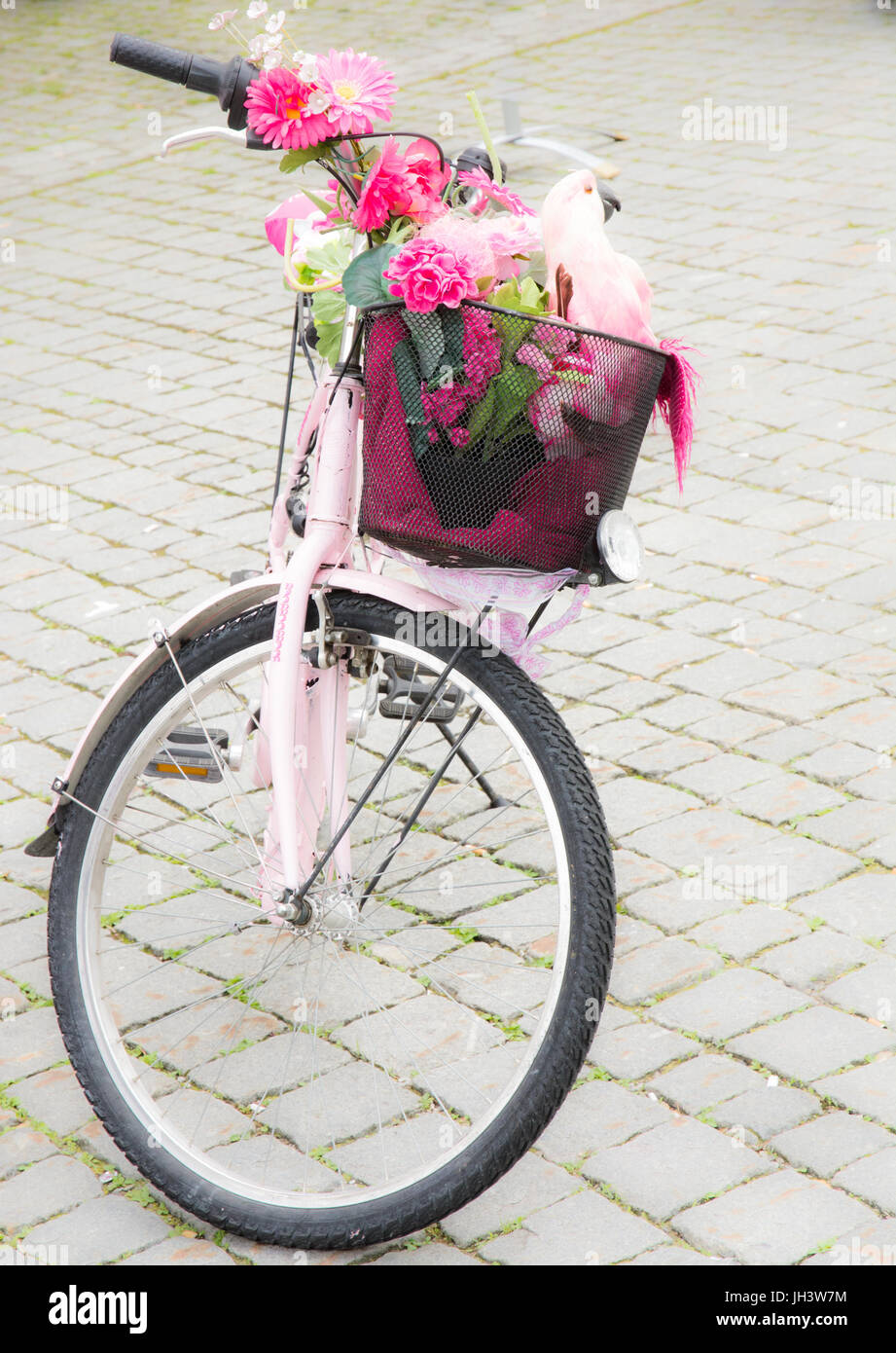 KEMPTEN, GERMANY - JUNE 9: Pink bycicle with flower and parrot deco in the bike basket seen in Kepmten, Germany on June 9, 2017. Stock Photo