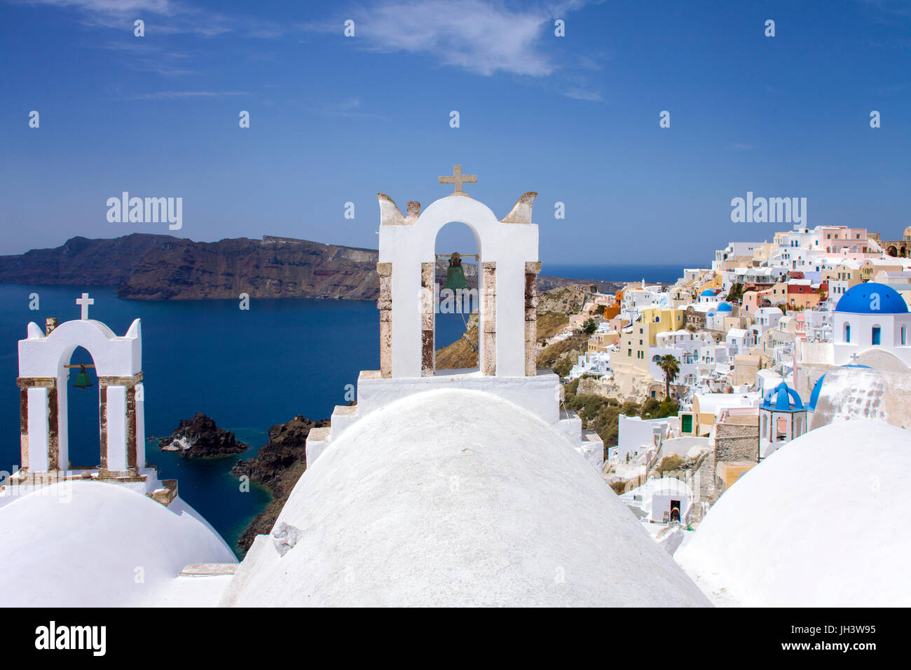 Bell tower of orthodox church at village Oia, Santorin, Cyclades, Aegean, Greece Stock Photo