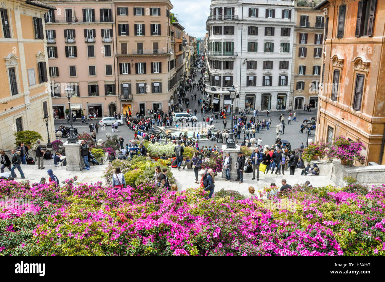 Fontana della Barcaccia and Via dei Condotti, seen from the top of the Spanish Steps. Stock Photo
