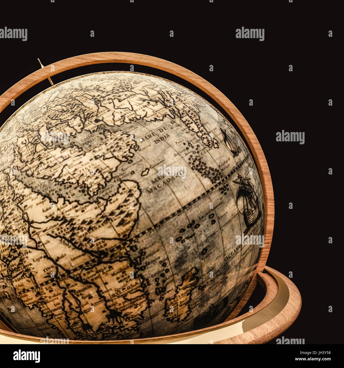 3d illustration of an old wooden globe isolated on black background ...