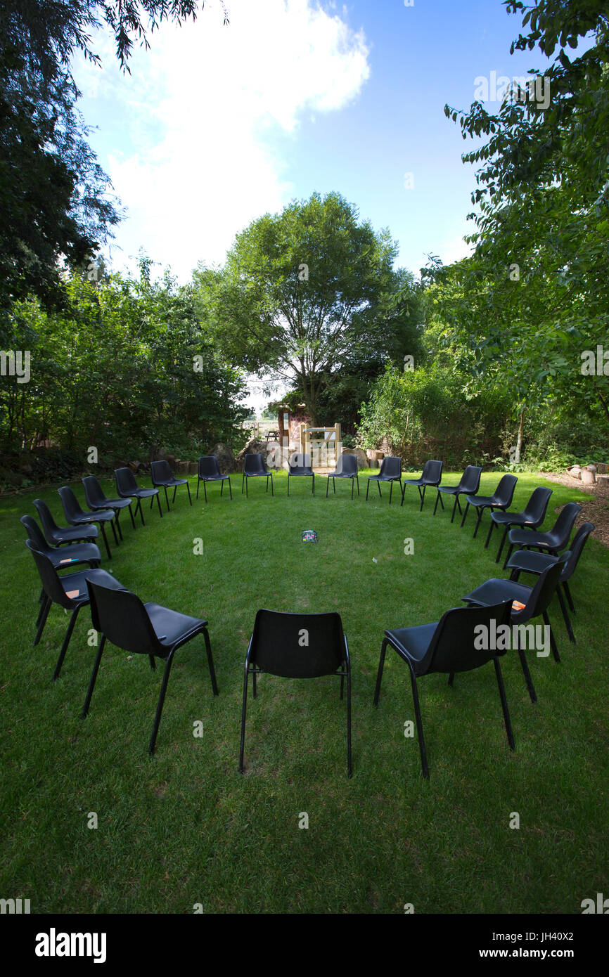 Chairs set up for Channel Therapy session, group therapy session