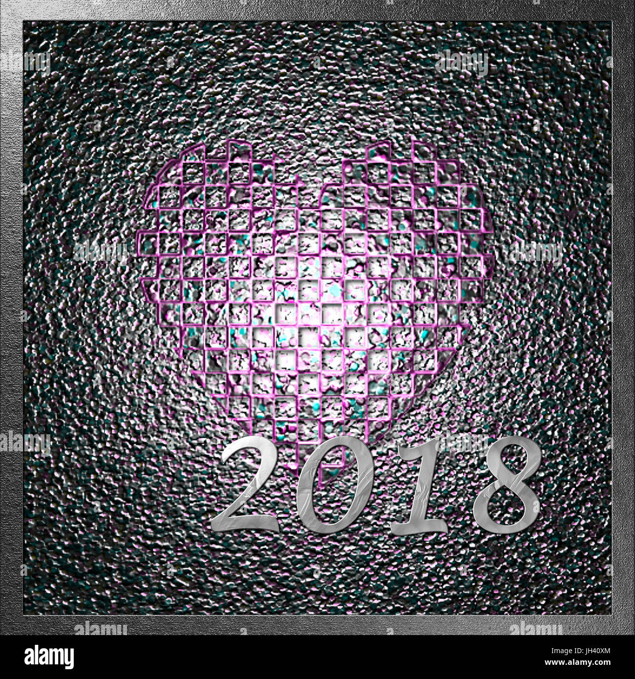 Silver 2018 on Mauve Jewelled Heart Background Stock Photo