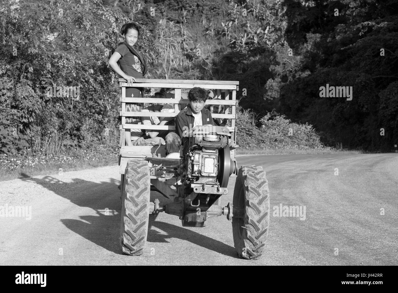 Tak-tak or 'Iron Buffalo', a two-wheeled tractor often modified for a wide variety of purposes in farming and transport in Laos other parts of SE Asia Stock Photo