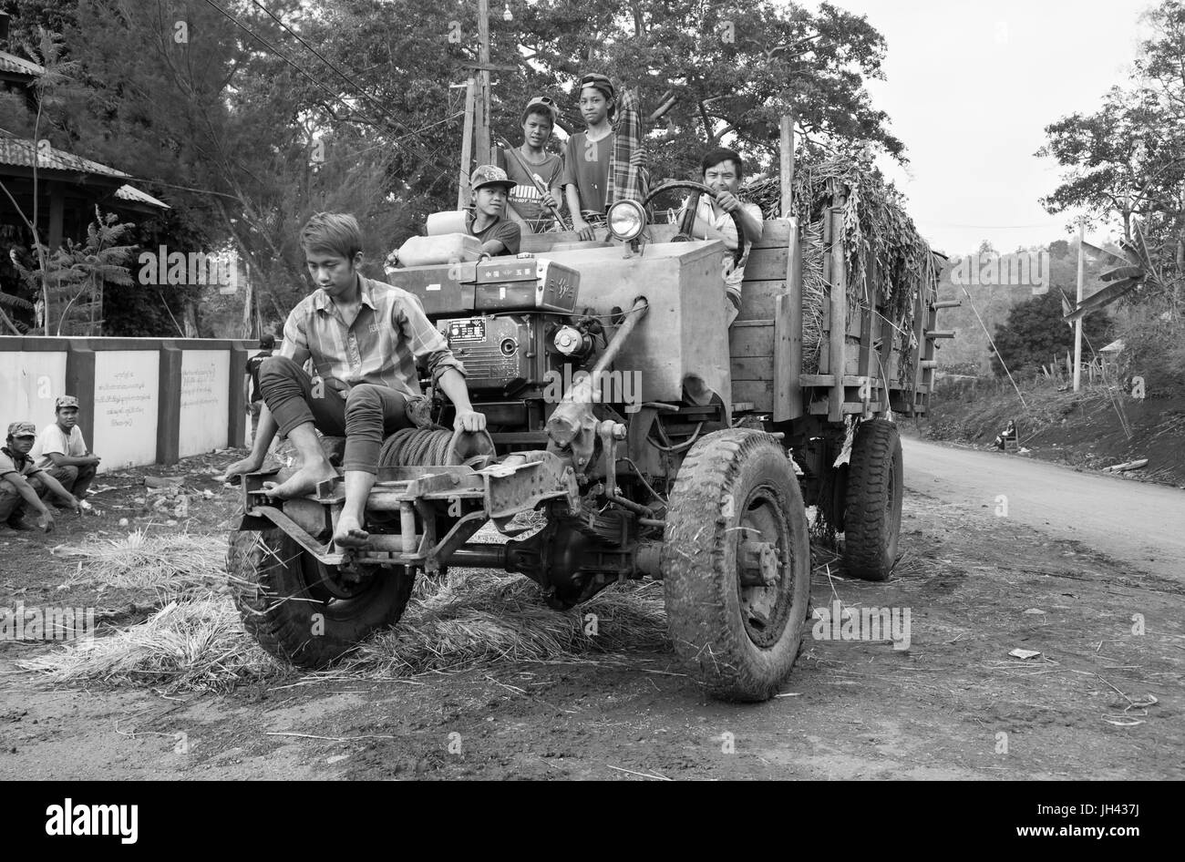 Vintage truck still in widespread use today in Myanmar. Modified from a WW2 ex British army Canadian Military Pattern (CMP) Chevrolet C60 truck Stock Photo