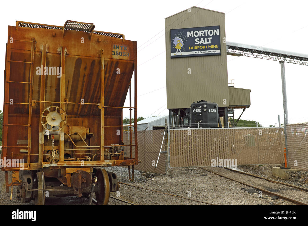 The Morton Salt Fairport Harbor Mine located outside Cleveland, Ohio, is a primary producer of salt which gathers the resource from below Lake Erie. Stock Photo