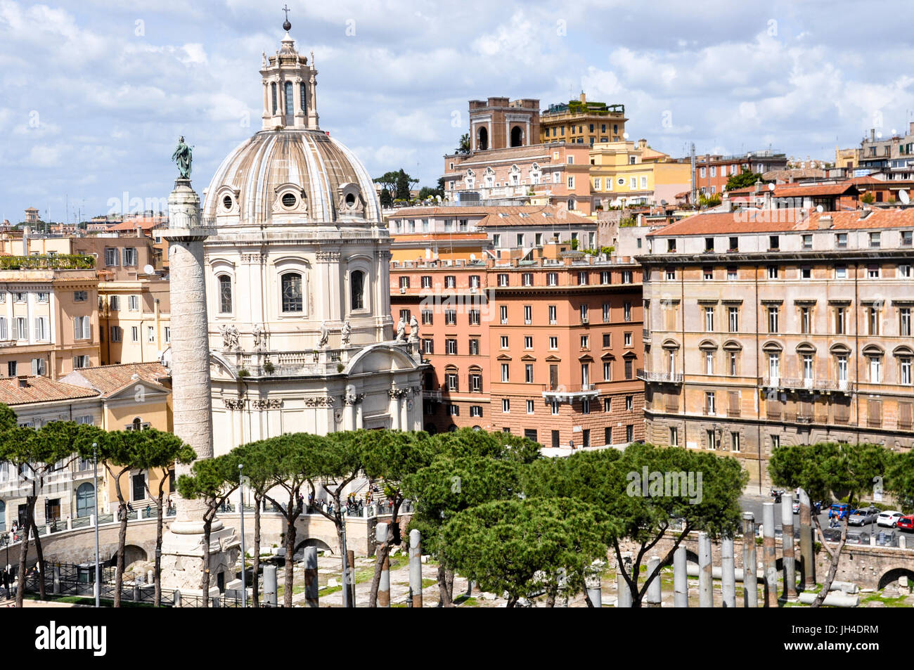 Church of the Most Holy Name of Mary and Trajan's Column in Trajan's Forum, Rome, Italy. Stock Photo