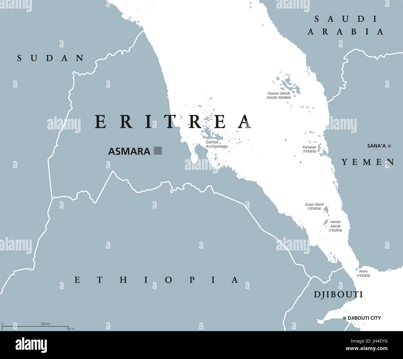Eritrea political map with capital Asmara. State and country in the Horn of Africa with extensive coastline along the Red Sea. Gray illustration. Stock Photo