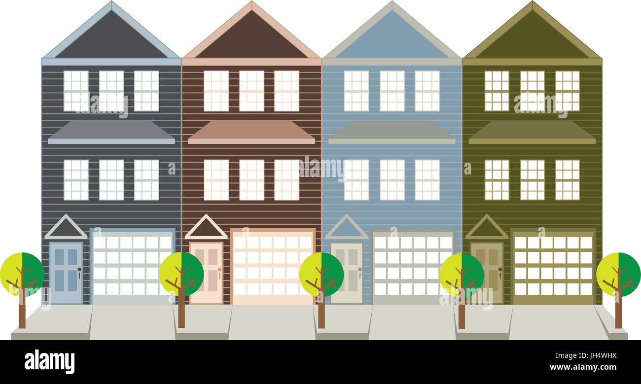 Row Of Three Level Townhouse With Tandem Car Parking Garage On Tree Lined Street Color Outline Illustration Stock Vector Image Art Alamy