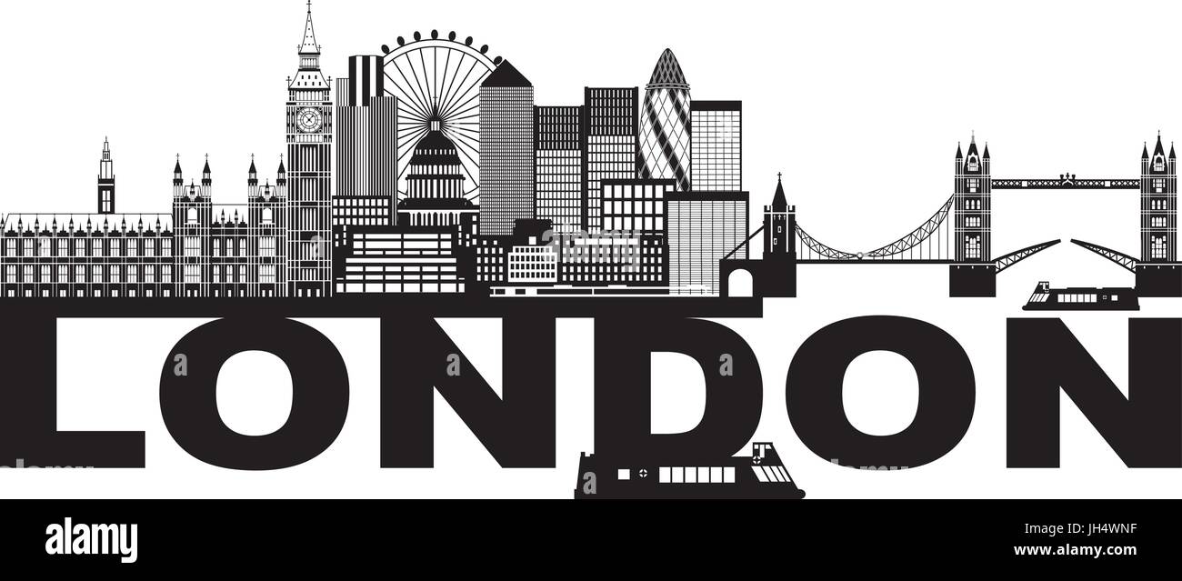 London England Skyline Panorama with Tower Bridge and Westminster Palace with Black and White Text Illustration Stock Vector