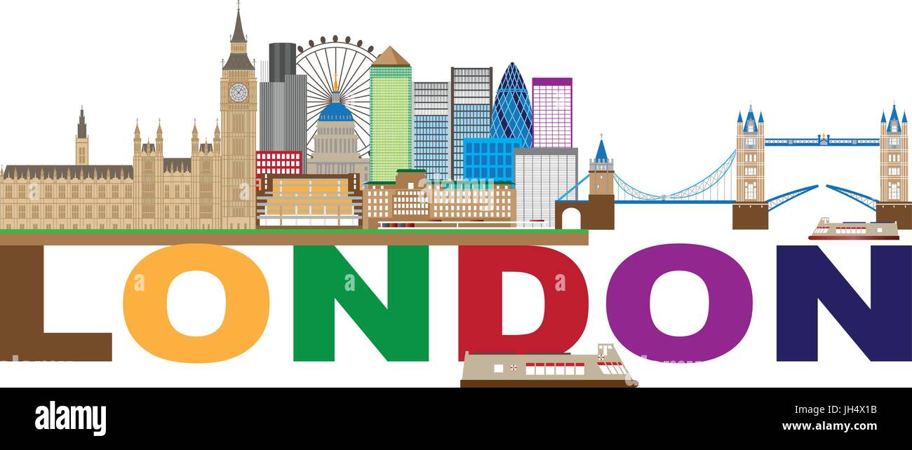 London England Skyline Panorama with Tower Bridge and Westminster Palace with Color Text Illustration Stock Vector