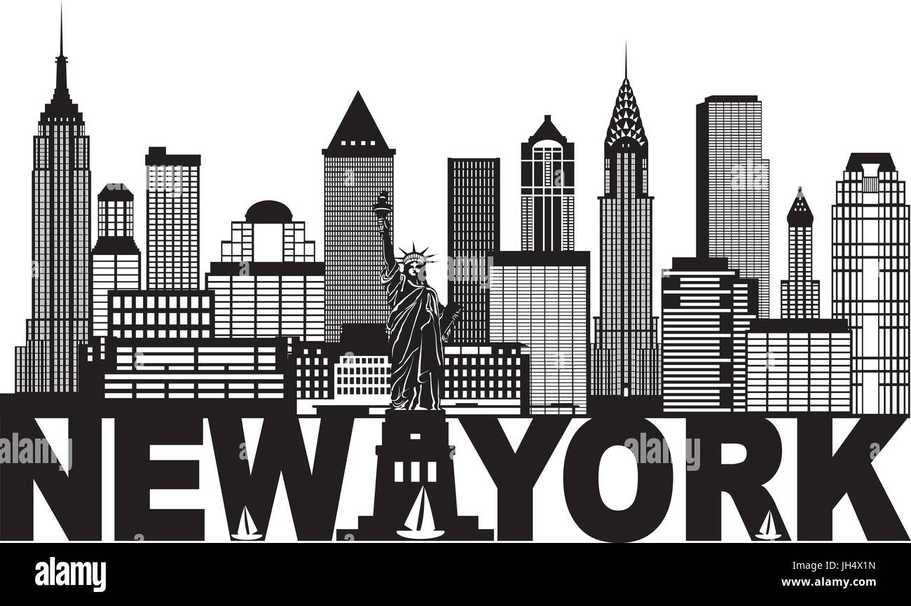 New York City Skyline with Statue of Liberty and text Black and White ...