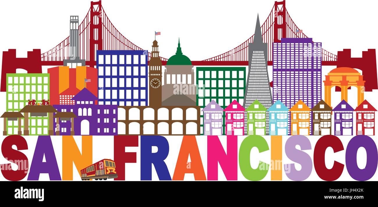 San Francisco California City Skyline with Golden Gate Bridge Multi Color Text Illustration Stock Vector
