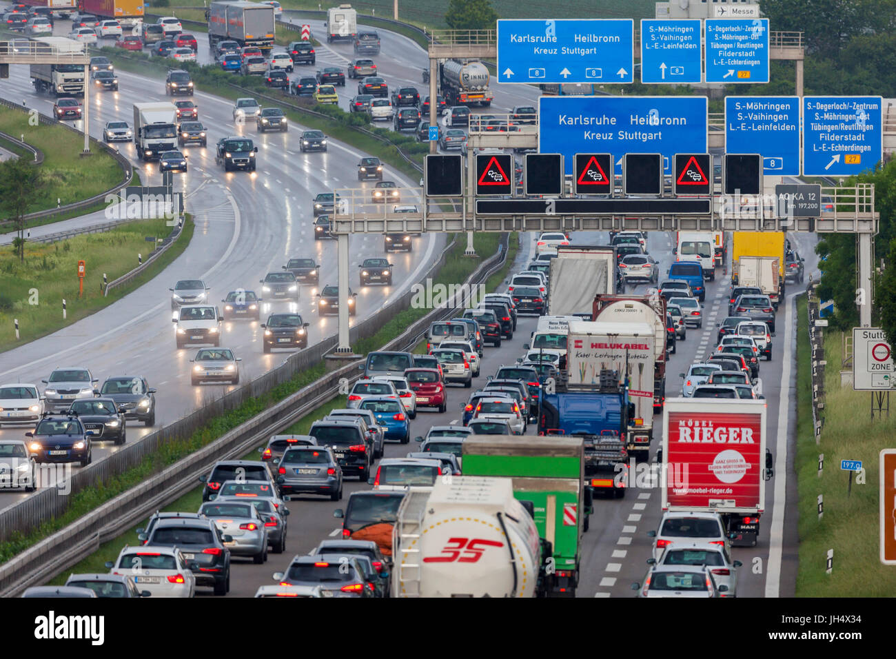 Heavy traffic on the Autobahn A8 motorway, nearby Stuttgart. Stock Photo