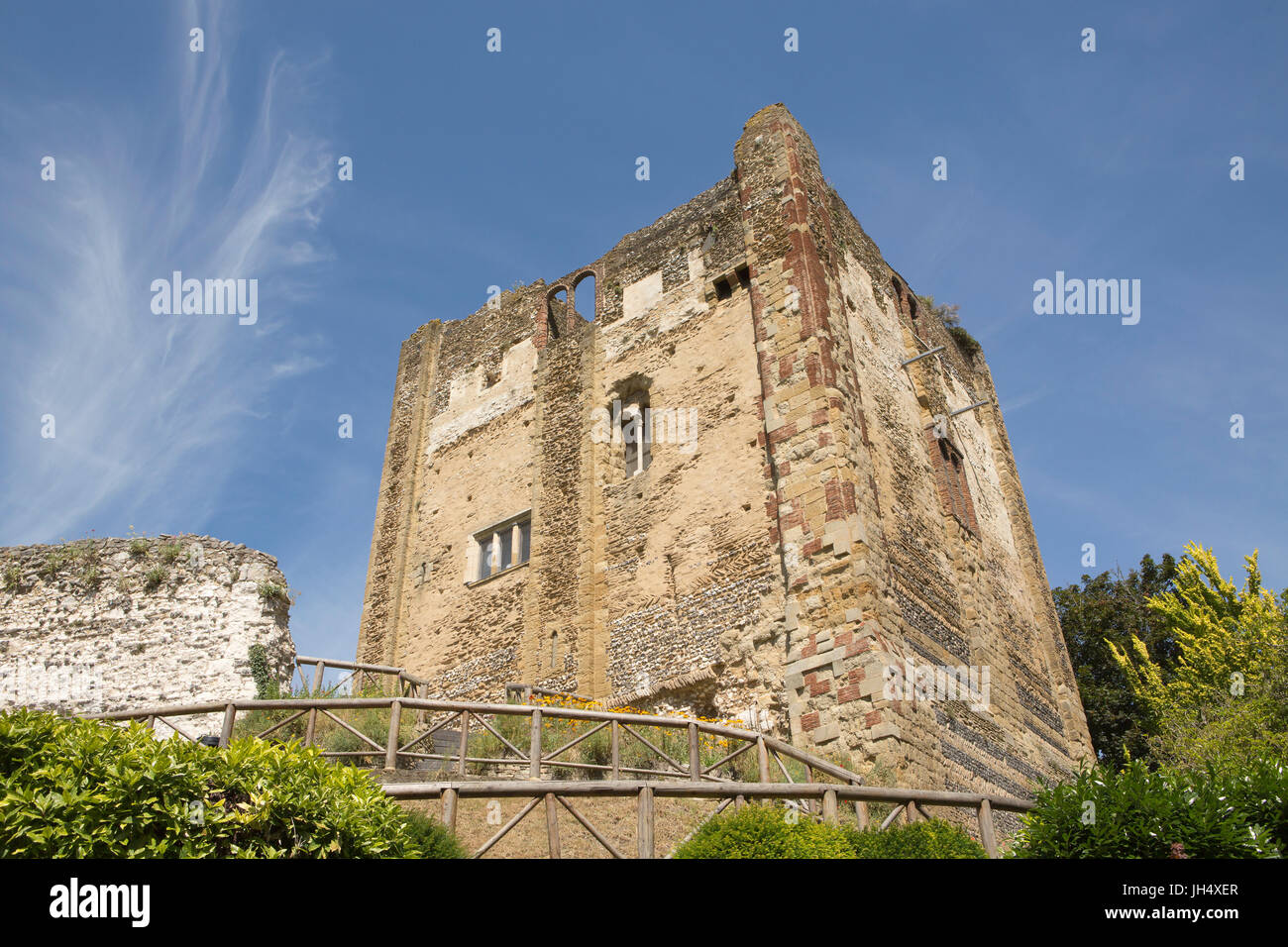 Blue sky and white whisky clouds behind the keep of the ruined Guildford castle. Stock Photo