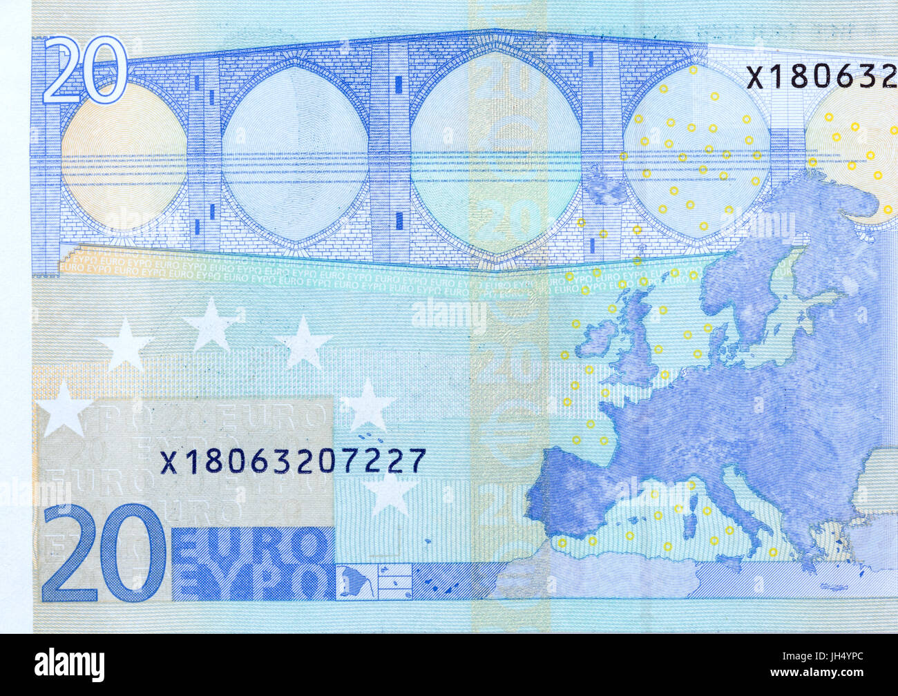 Twenty euro banknote macro fragment, back side. Stock Photo