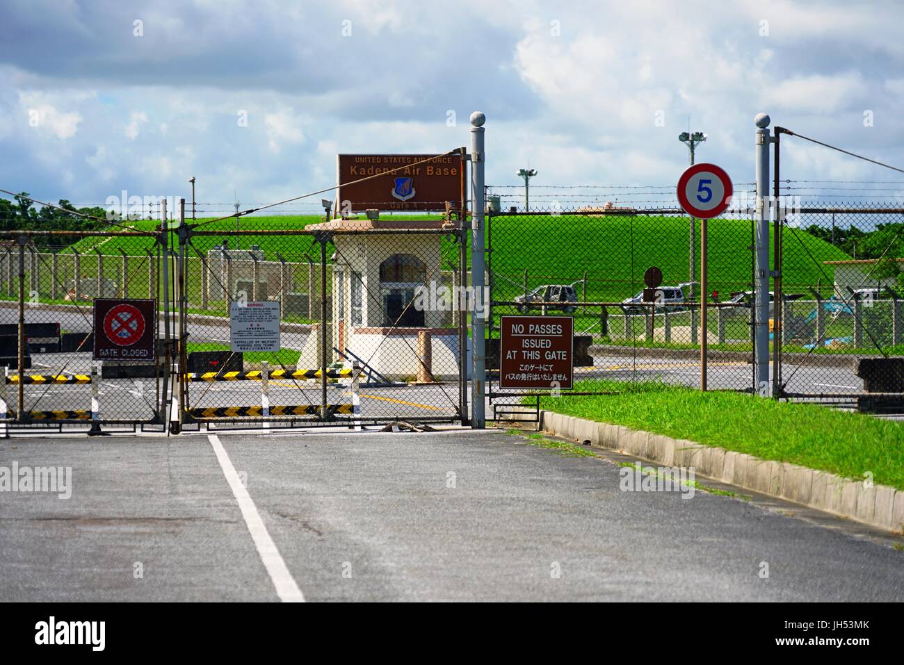 Entrance of the Kadena Air Base, a United States Air Force Base in Naha, Okinawa, home to a large American military presence of United States Forces Stock Photo